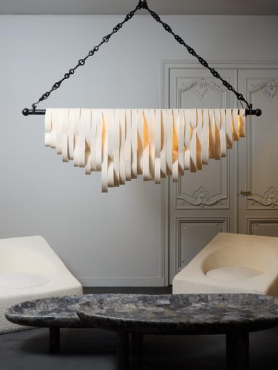Long iron and ceramic chandelier by Olivia Cognet