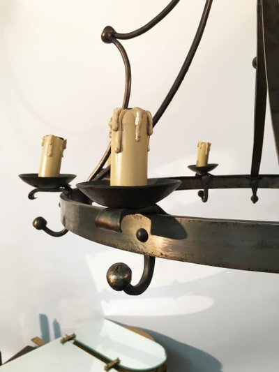 Neo-Classical Chandelier in Steel and Brass, Circa 1950