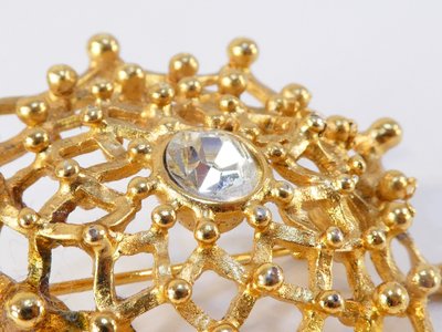 Ancienne Broche Fleur Métal Doré Pierre Bleu - Montres & Bijoux