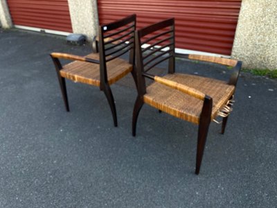suite de 4 fauteuils vintage en teck et rotin