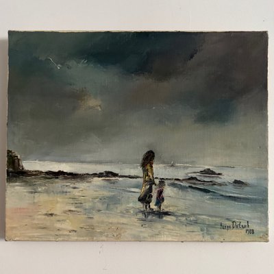Oil on canvas surrealist landscape by Serge Doceul 1988 Complicité