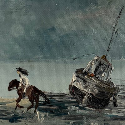 Huile sur toile Les Crinières par Serge Doceul cavalier au bateau 1988