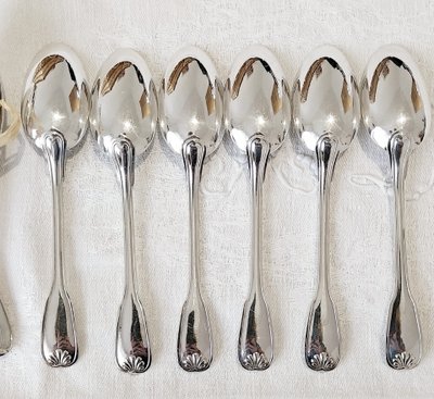 12 silver-plated spoons, Ravinet d'Enfert, "Coquille" model