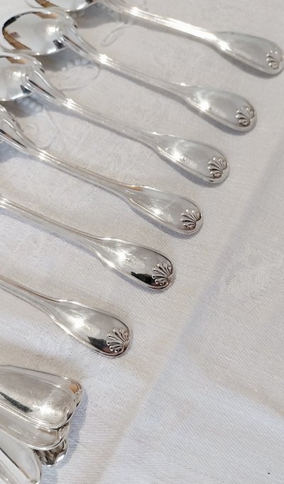 12 silver-plated spoons, Ravinet d'Enfert, "Coquille" model