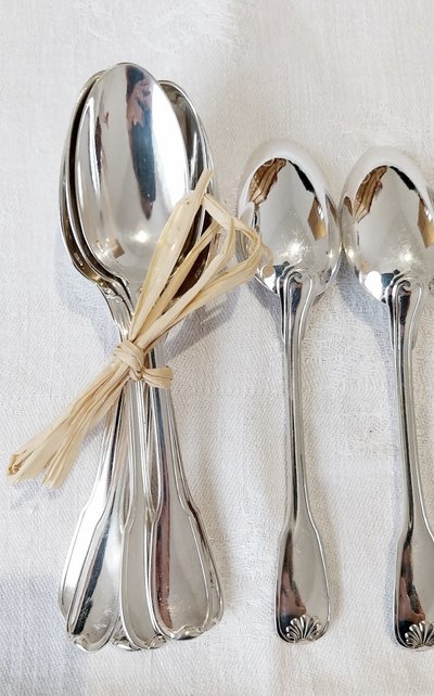 12 silver-plated spoons, Ravinet d'Enfert, "Coquille" model