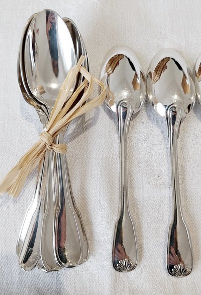 12 silver-plated spoons, Ravinet d'Enfert, "Coquille" model