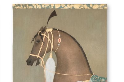 Tela dipinta raffigurante un cavallo indiano di profilo. Opera contemporanea. LS6505B1086