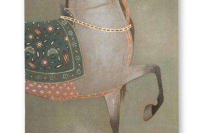 Tela dipinta raffigurante un cavallo indiano di profilo. Opera contemporanea LS65051086