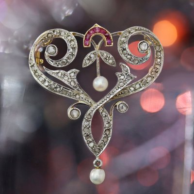 Jugendstil-Brosche/Anhänger mit Diamanten, Perlen und Rubinen