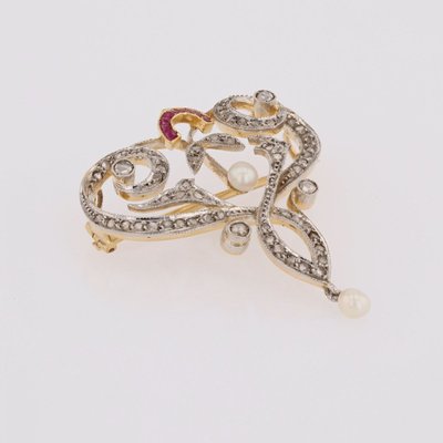 Jugendstil-Brosche/Anhänger mit Diamanten, Perlen und Rubinen