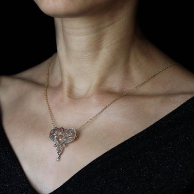 Jugendstil-Brosche/Anhänger mit Diamanten, Perlen und Rubinen