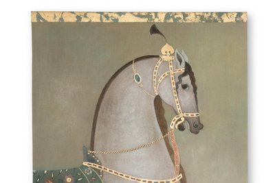 Tela dipinta raffigurante un cavallo indiano di profilo. Opera contemporanea LS65051086
