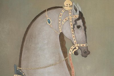 Tela dipinta raffigurante un cavallo indiano di profilo. Opera contemporanea LS65051086