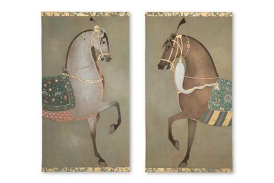Tela dipinta raffigurante un cavallo indiano di profilo. Opera contemporanea. LS6505B1086