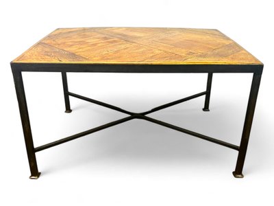 Coffee table in 17th century Versailles parquet and black wrought iron - France