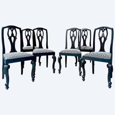 Set di 6 sedie inglesi Chippendale / Barocco laccate nere - Inghilterra - XIX secolo