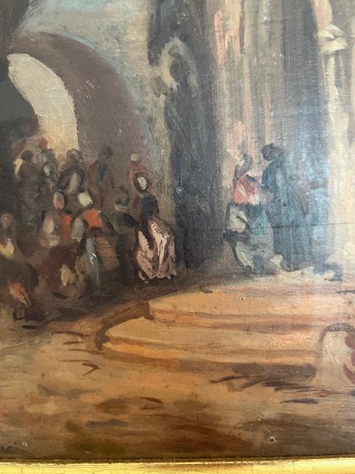 Huile sur panneau - École Troubadour - 19e - Le parvis de l'église - France