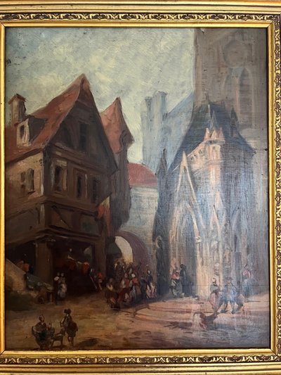 Huile sur panneau - École Troubadour - 19e - Le parvis de l'église - France