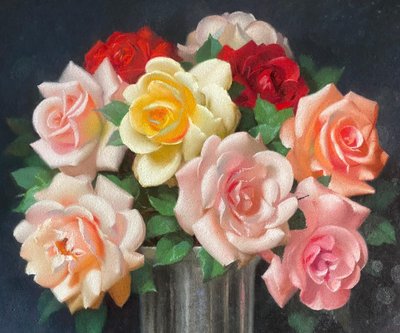   Gaston Albert Lavrillier- Pastel- Still life with bouquet of roses-Circa 1930