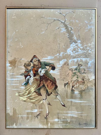 Jean Ulysses-Roy - Scène galante du XVIIIe siècle - Aquarelle sur papier