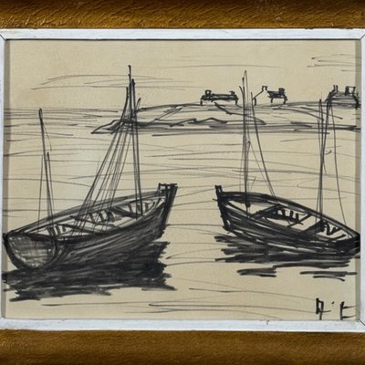 Drawing depicting two boats, mid-20th century, monogram AT