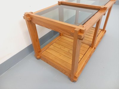 Vintage rectangular coffee table in pine and smoked glass from the 70s and 80s