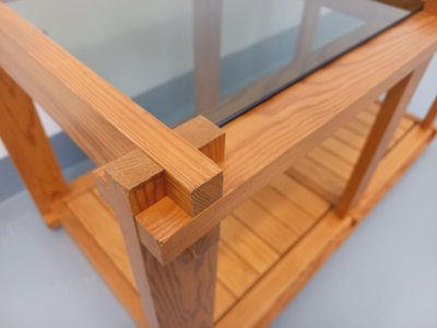 Vintage rectangular coffee table in pine and smoked glass from the 70s and 80s