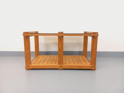 Vintage rectangular coffee table in pine and smoked glass from the 70s and 80s