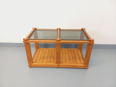 Vintage rectangular coffee table in pine and smoked glass from the 70s and 80s