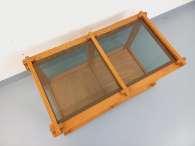 Vintage rectangular coffee table in pine and smoked glass from the 70s and 80s
