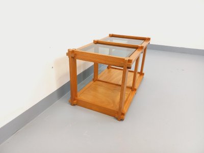 Vintage rectangular coffee table in pine and smoked glass from the 70s and 80s