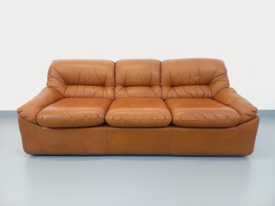 Divano vintage in pelle color cognac e cammello degli anni '70