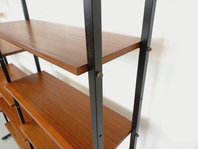 Vintage Italian triple modular teak and metal bookcase
