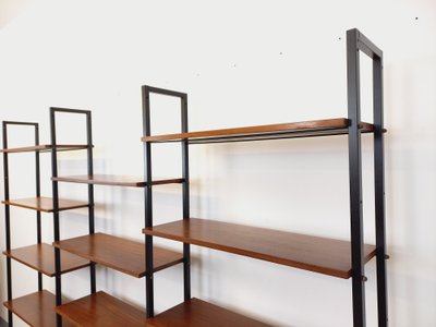 Vintage Italian triple modular teak and metal bookcase