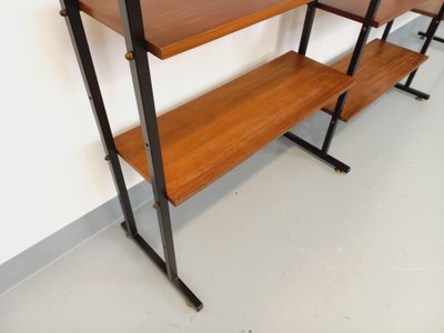 Vintage Italian triple modular teak and metal bookcase
