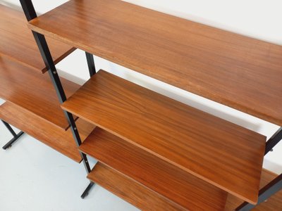 Vintage Italian triple modular teak and metal bookcase