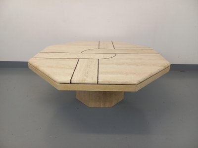 Vintage octagonal travertine coffee table with a geometric pattern from the 1970s