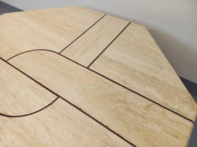 Vintage octagonal travertine coffee table with a geometric pattern from the 1970s
