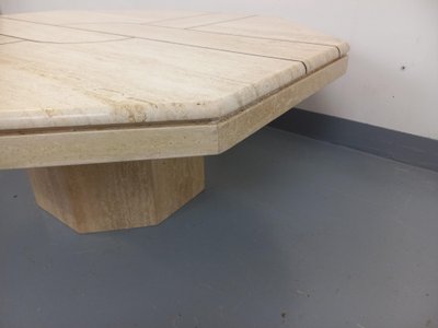 Vintage octagonal travertine coffee table with a geometric pattern from the 1970s
