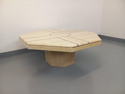 Vintage octagonal travertine coffee table with a geometric pattern from the 1970s