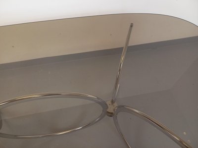Vintage oval or rectangular rounded dining table in smoked glass and metal