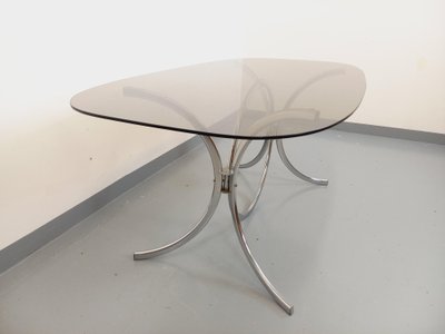 Vintage oval or rectangular rounded dining table in smoked glass and metal