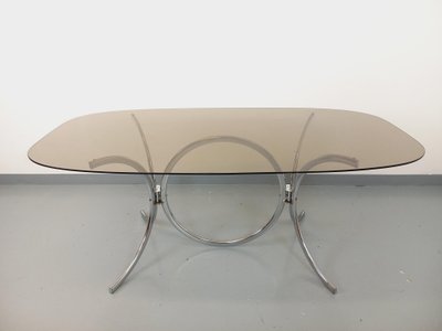 Vintage oval or rectangular rounded dining table in smoked glass and metal