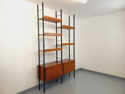 Vintage Italian double modular teak and metal bookcase