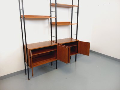Vintage Italian double modular teak and metal bookcase