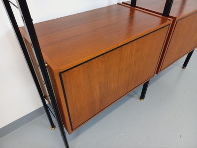 Vintage Italian double modular teak and metal bookcase