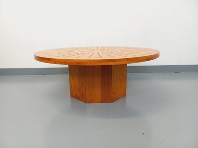 Vintage round pine coffee table from the 1970s