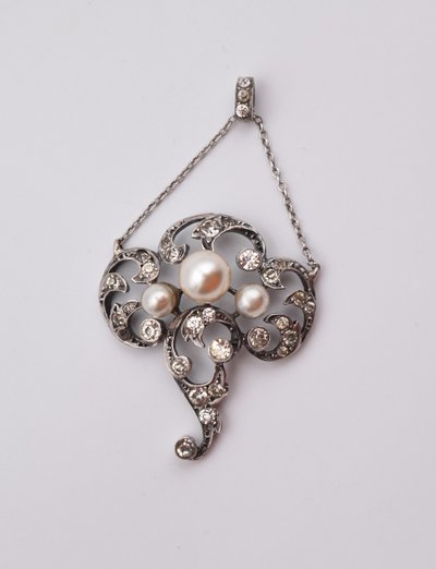Ancien pendentif Belle Époque 1900 argent perles et strass 