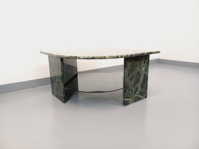 Table basse carrée vintage à 2 plateaux en marbre vert et verre fumé années 70