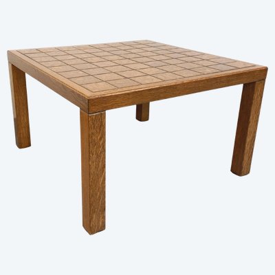 Vintage square coffee table in oak wood and ceramic from the 60s and 70s